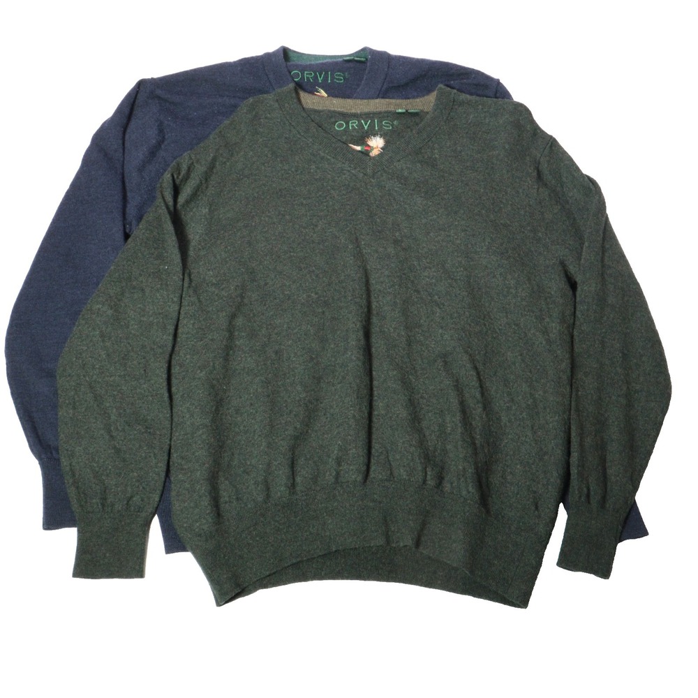 Orvis Sweater Men Merino Wool V Neck Fishing Pullover Green Blue 2 Pair SHRUNK S